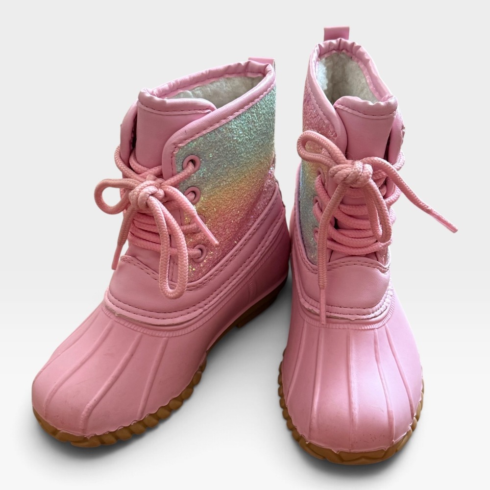 Fabkids Pink Rainbow Glitter Duck Boots Faux Fur Lined Lace Up Kids Size 8